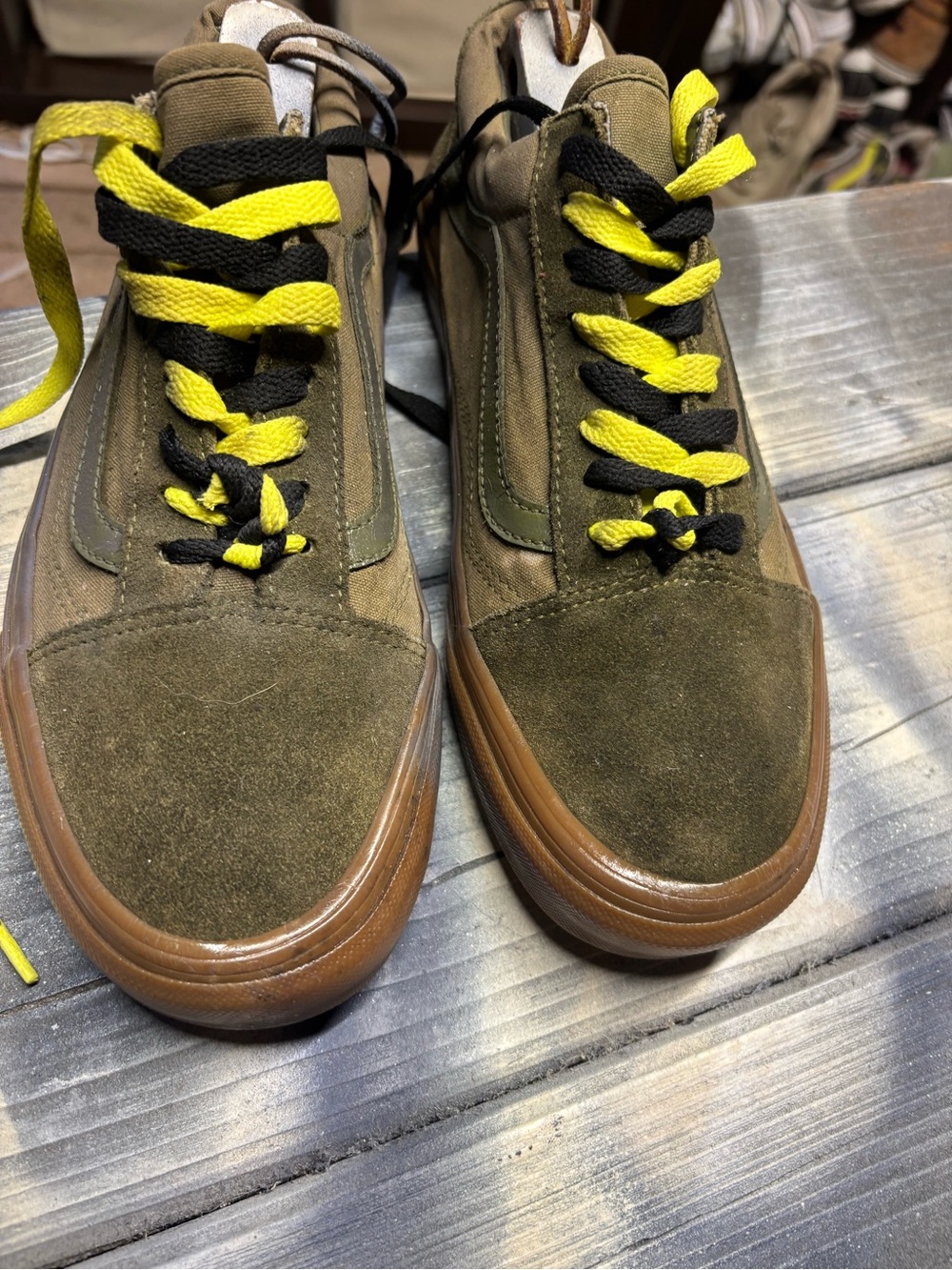 Vans Old Skool sneakers in olive green and brown, size womens 9 good condition